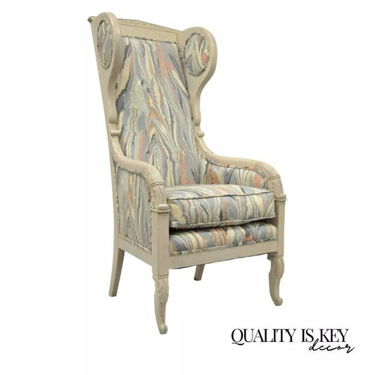 Vintage French Empire Neoclassical Style Marble Fabric High Wingback Arm Chair