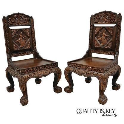 Hand Carved Thai Oriental Teak Wood Dining Chairs Dancing Female Figure - a Pair