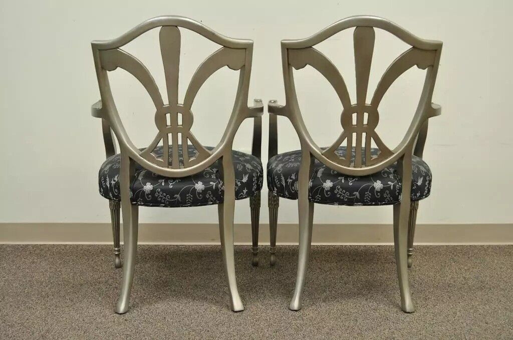 Sheraton Style Shield Back Plume Prince of Wales Silver Dining Arm Chairs - Pair