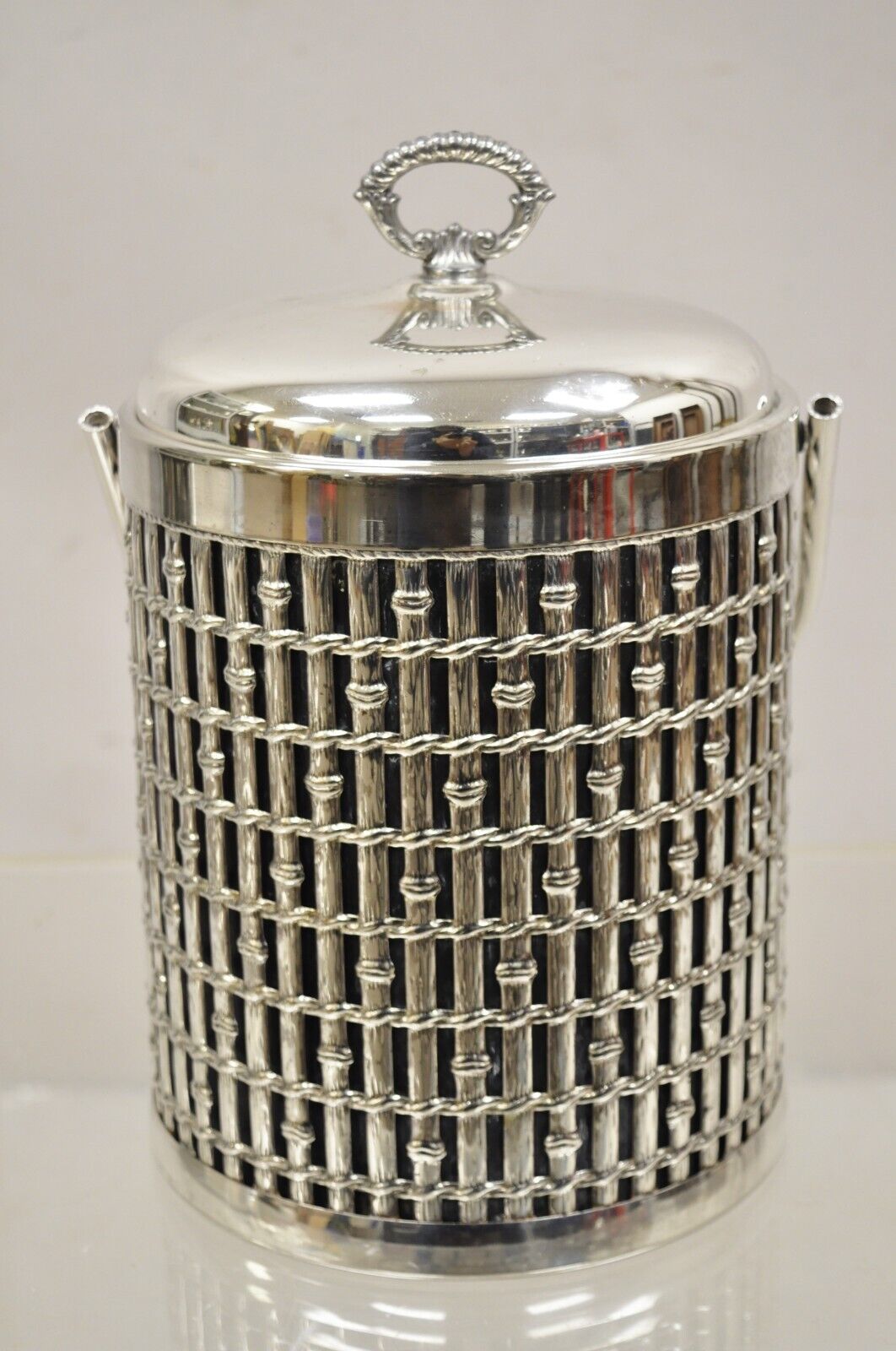 Vintage Hollywood Regency Faux Bamboo Silver Plated Lidded Ice Bucket