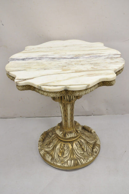 Vintage Hollywood Regency White Gold Plume Carved Pedestal Marble Top Side Table