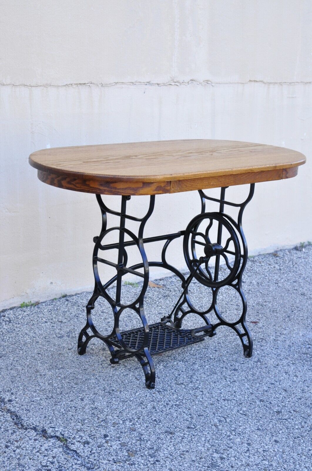 Antique Victorian Cast Iron Treadle Sewing Machine Base Side Table Oval Oak Top
