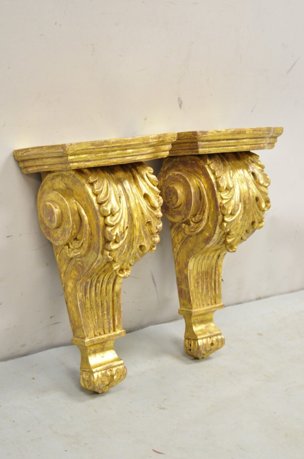 Gold Giltwood French Louis XV Style Wood Acanthus Corbel Large Wall Shelf Pair