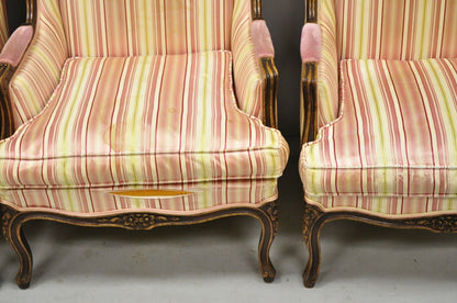 Vintage W & J Sloane French Louis XV Style Wingback Lounge Arm Chairs - a Pair