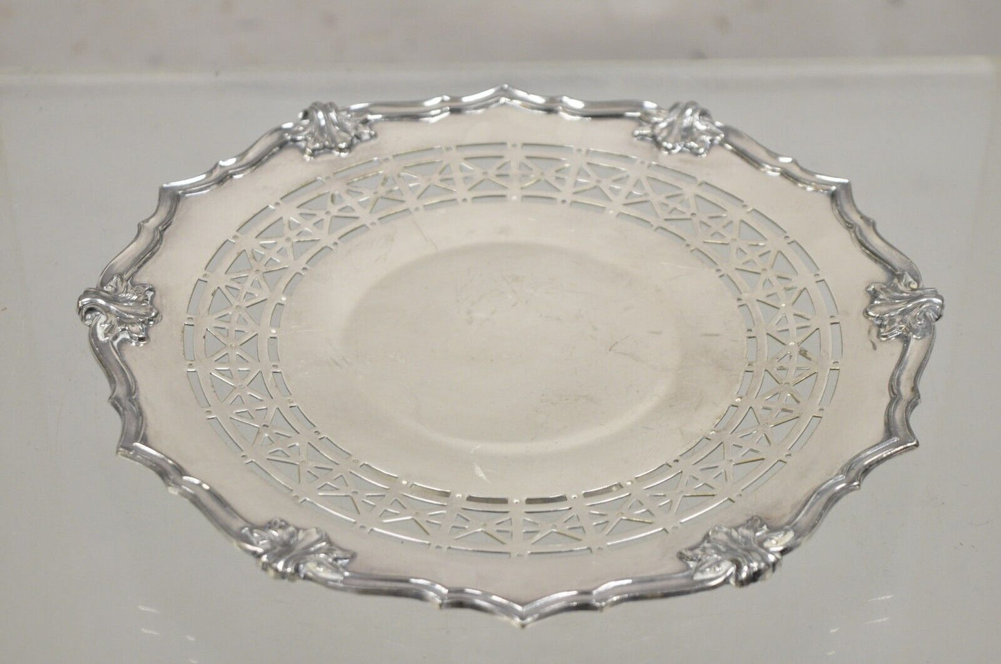 Vintage English Victorian Silver Plated Footed Round Pierced Serving Tray