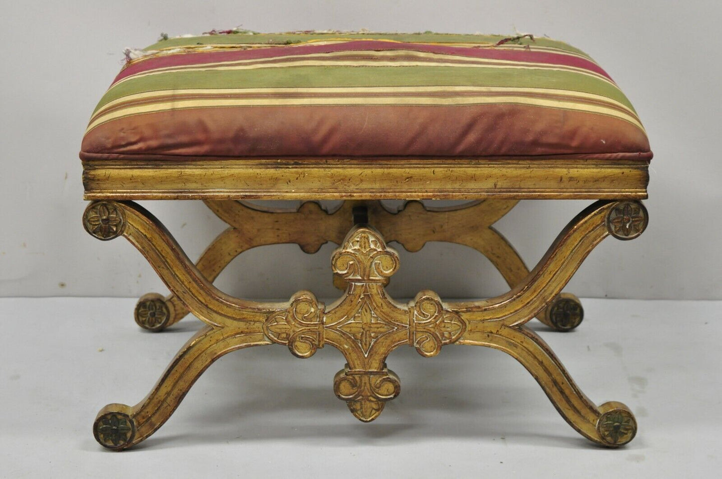 Vintage Spanish Regency Carved Wood X-Frame Gold Upholstered Stool Bench