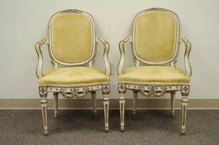 Antique Italian Venetian Cream Distress Painted Carved Wood Arm Chairs - a Pair