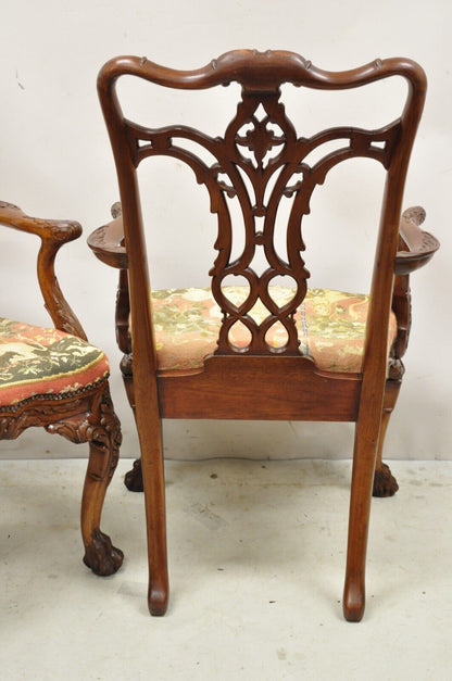 Maitland Smith Georgian Style Carved Mahogany Needlepoint Seat Arm Chairs a Pair