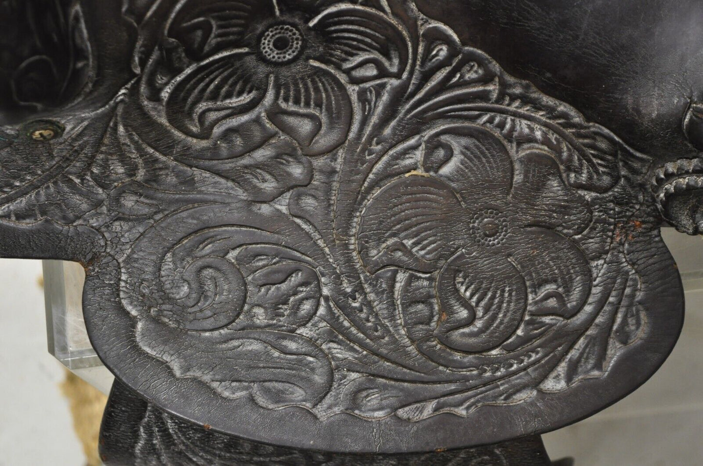 Vintage Brown Tooled Leather Floral Embossed 15" Seat Horse Saddle