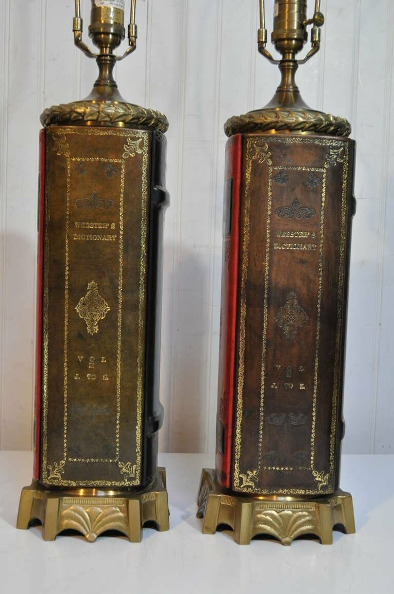 Vintage English Regency Style Leather Book Form Table Lamps by Wildwood - a Pair