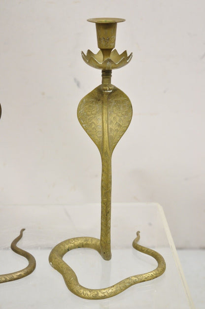 Vintage Brass Figural Hollywood Regency Coiled Cobra Snake Candlesticks - a Pair