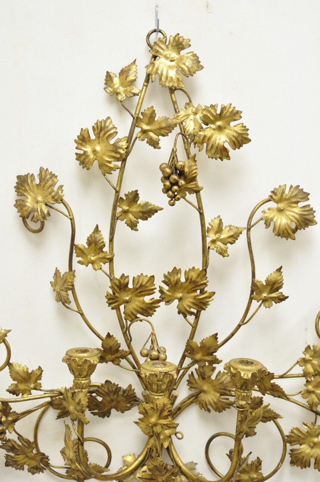 Vintage Italian Hollywood Regency Gold Iron Tole Leafy 3 Candelabra Wall Sconce