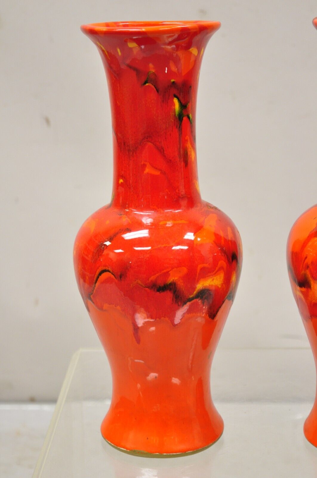 Pair Vintage Red Lava Drip Glazed Mid Century Modern Ceramic Pottery Vessel Vase