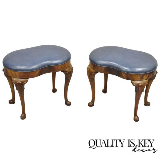 Vintage W&J Sloan English Queen Anne Style Mahogany Blue Leather Ottoman - Pair