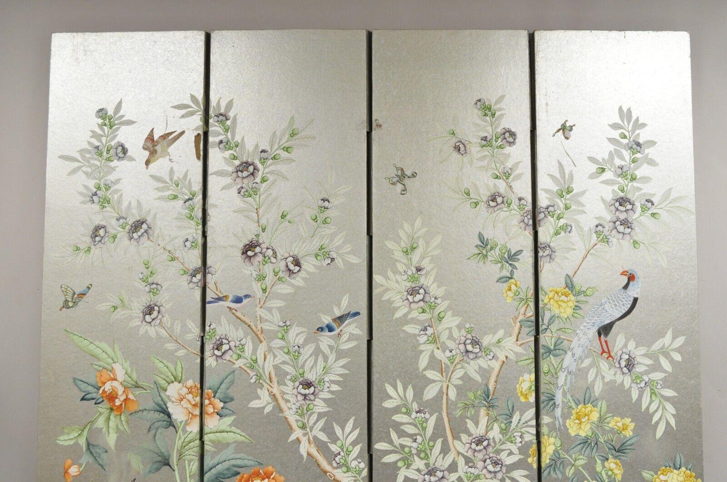 Vintage Chinoiserie Silver Leaf Birds Butterflies 4 Panel Screen Room Divider B