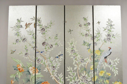 Vintage Chinoiserie Silver Leaf Birds Butterflies 4 Panel Screen Room Divider B