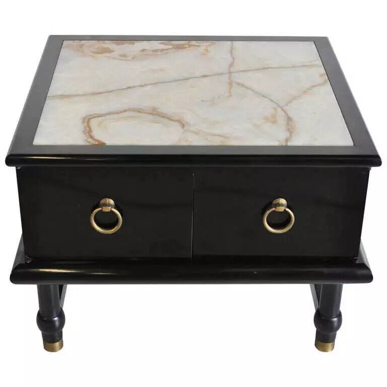 Mid Century Modern Dorothy Draper Style Black Side Table Cabinet with Onyx Top