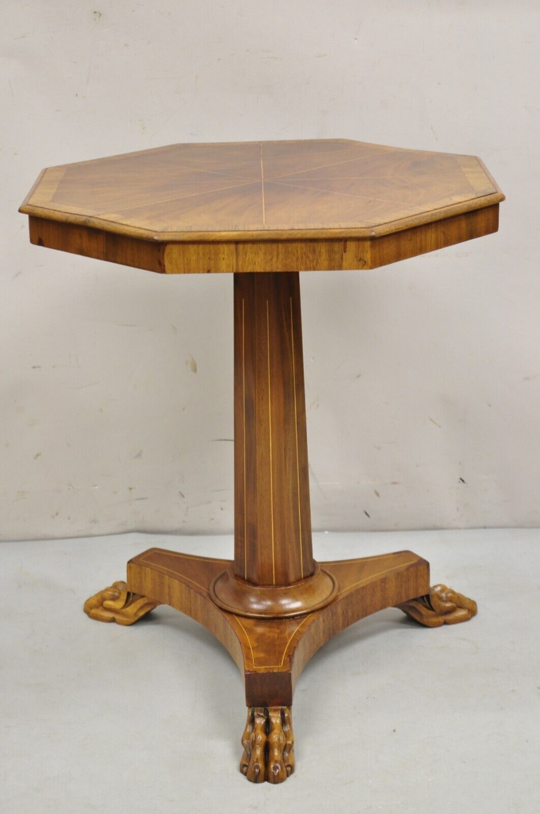 Empire Octagonal Mahogany Sunburst Inlay Pedestal Base Side Table w/ Paw Feet