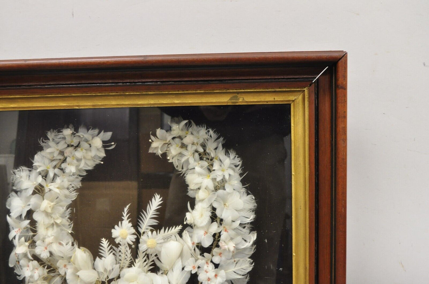 Antique Victorian White Feather Flower Mourning Wreath Mahogany Shadow Box Frame