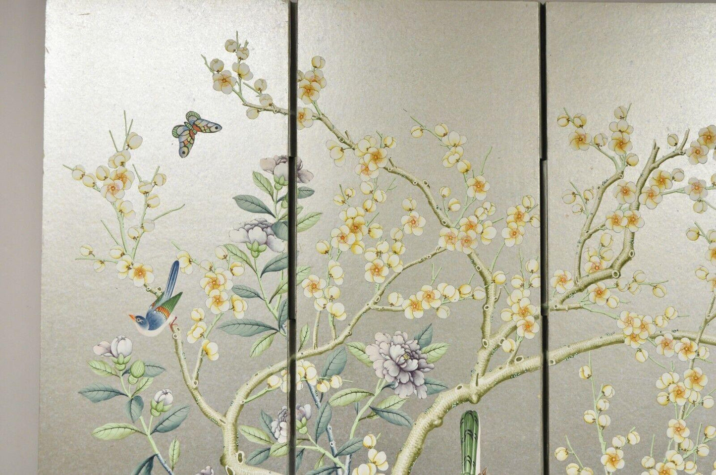 Vintage Chinoiserie Silver Leaf Birds Butterflies 4 Panel Screen Room Divider A