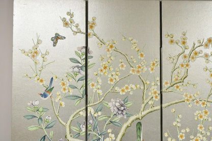 Vintage Chinoiserie Silver Leaf Birds Butterflies 4 Panel Screen Room Divider A