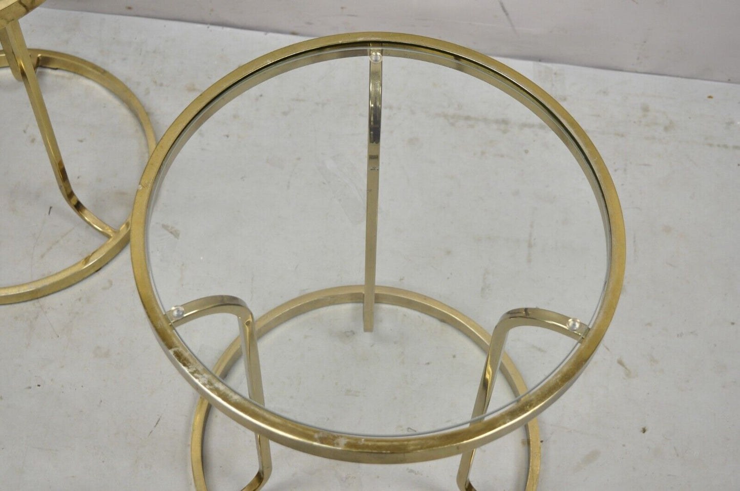 Vintage Mid Century Gold Brass Metal Baughman Style Round Side Tables - a Pair