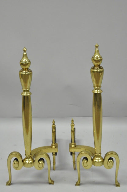 Antique Pair French Art Nouveau Style Brass Fireplace Andirons Urn Finial