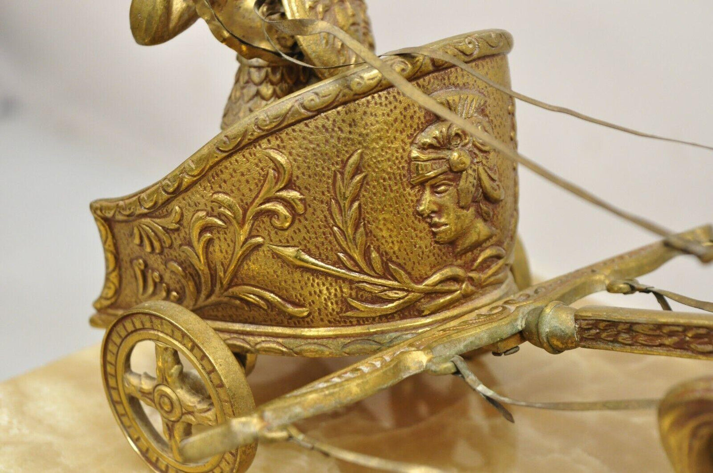 Vintage Gold Gilt Metal Roman Horse Drawn Chariot Sculpture on Marble Base