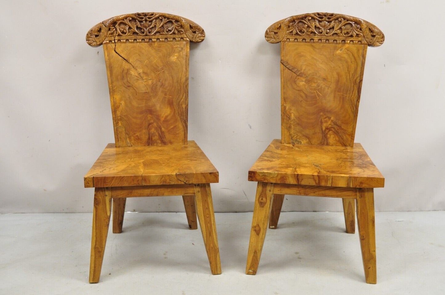 Indonesian Carved Solid Burl Wood Slab Continental Figural Side Chairs - a Pair