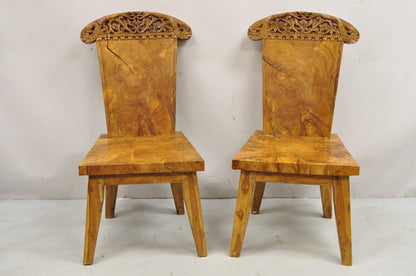 Indonesian Carved Solid Burl Wood Slab Continental Figural Side Chairs - a Pair