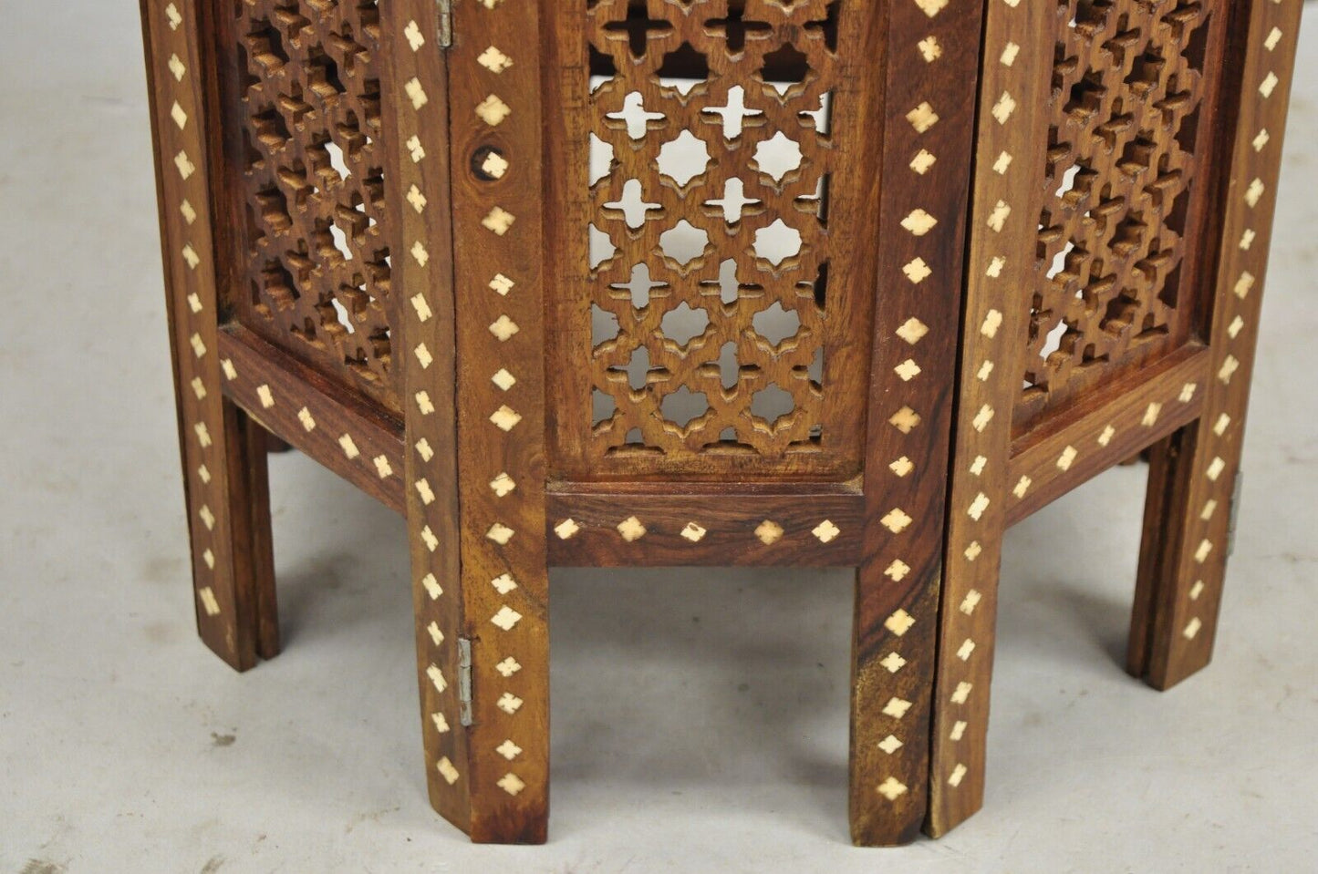 Vintage Anglo Indian Bone Inlay Octagonal Folding Mahogany Wood Side Table