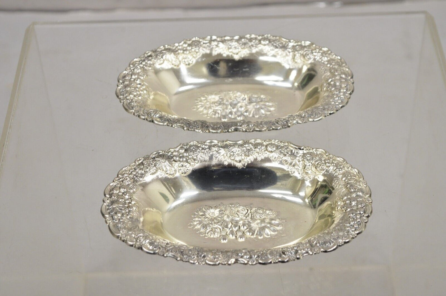 Vintage Victorian Silver Plated Floral Repousse Trinket Dish Japan - a Pair