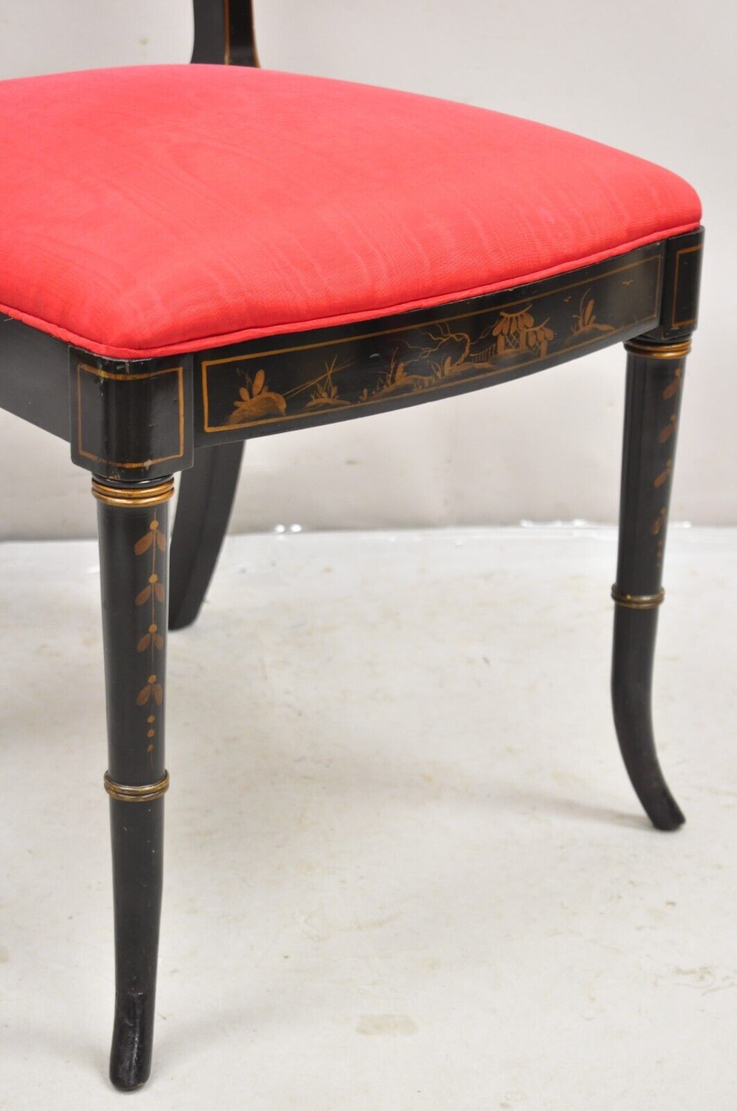 Vintage Chinoiserie English Regency Style Black Painted Dining Chairs - Set of 6