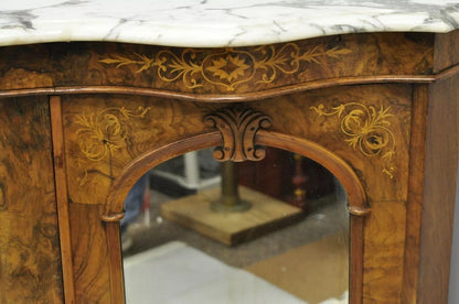 Antique Victorian Burr Wood Walnut Serpentine Marble Top Sideboard Credenza