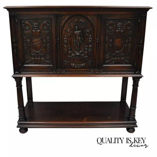 Antique Renaissance Revival Figural Carved Walnut Cabinet Sideboard Cupboard