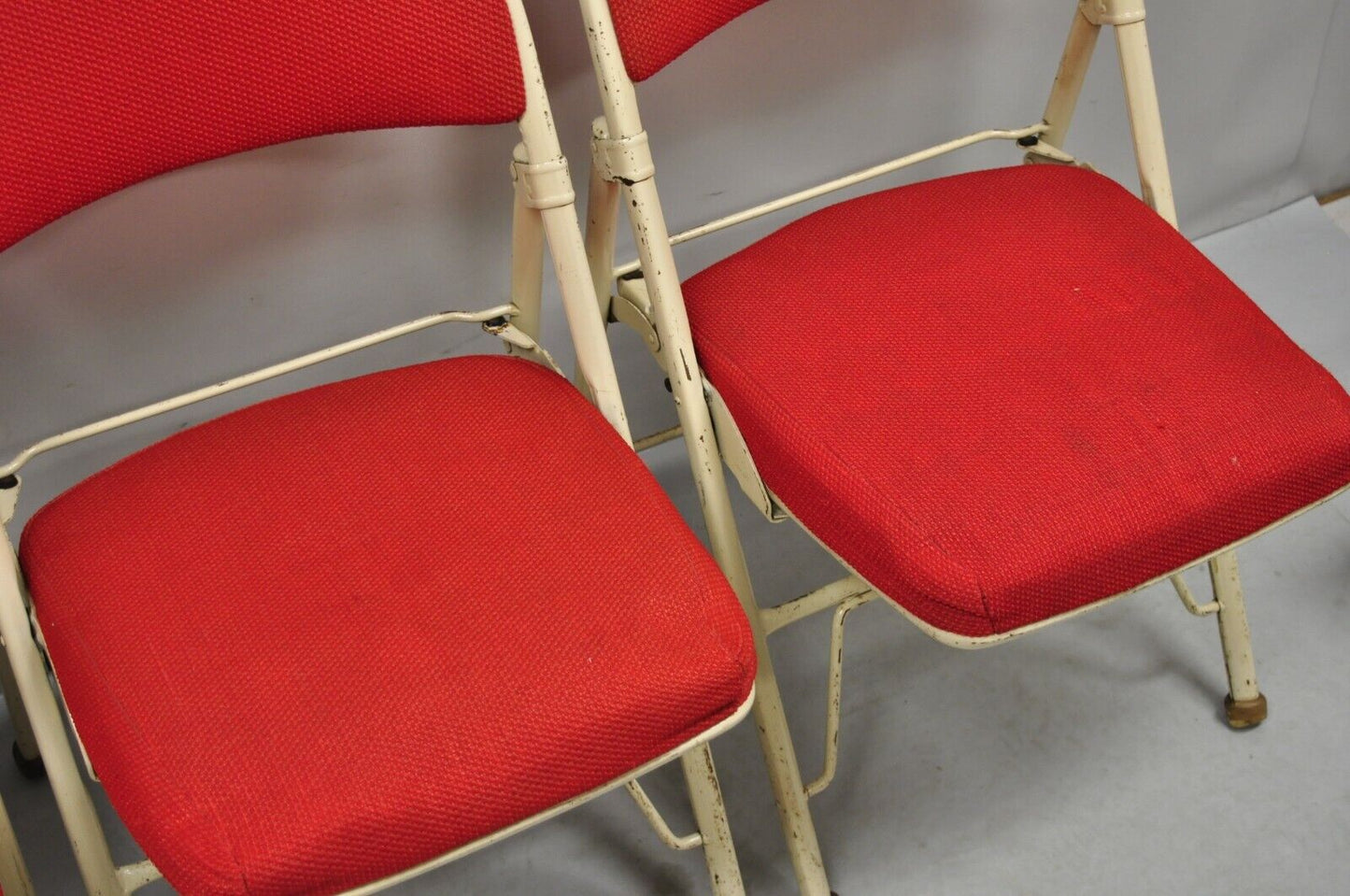 Vintage American Seating Metal Frame Red Upholstered Folding Chairs - Set of 4