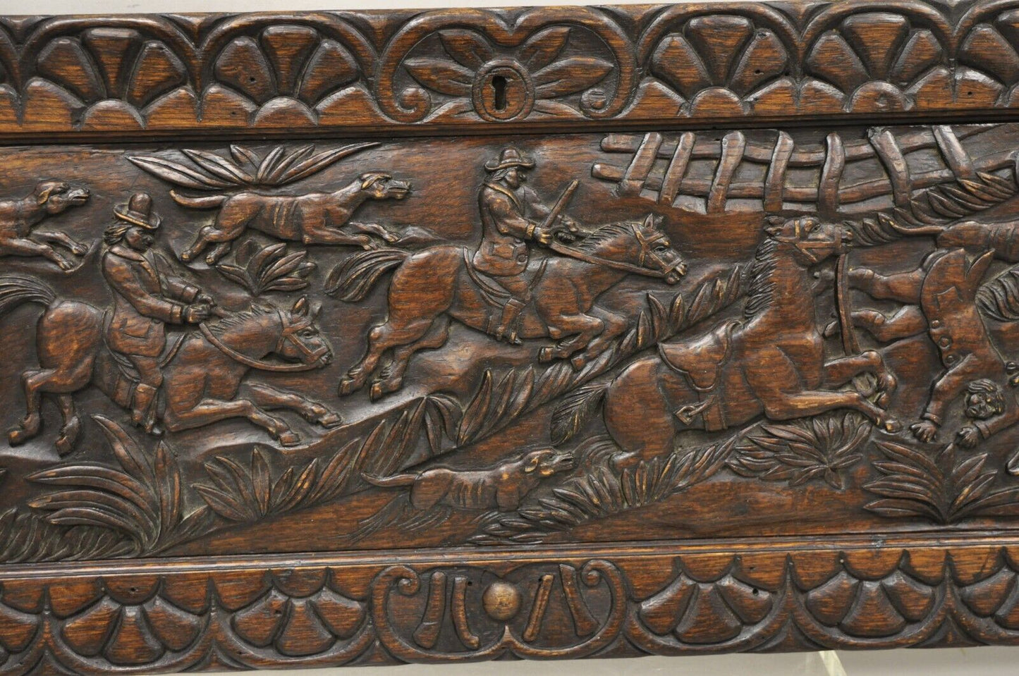 Antique Oak Jacobean Relief Carved Hunt Scene Architectural Wall Panel Plaque