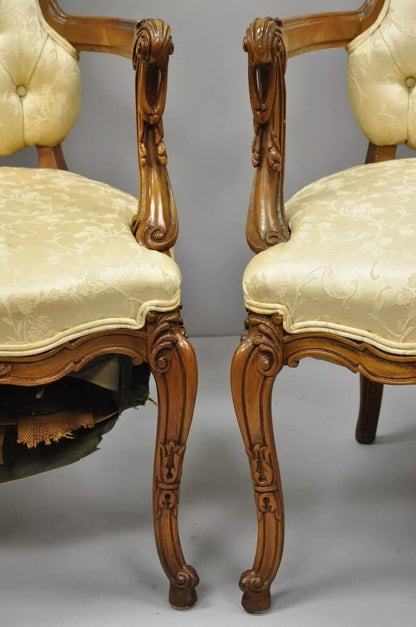 Vintage Hollywood Regency French Louis Style Drape Carved Arm Chairs - a Pair