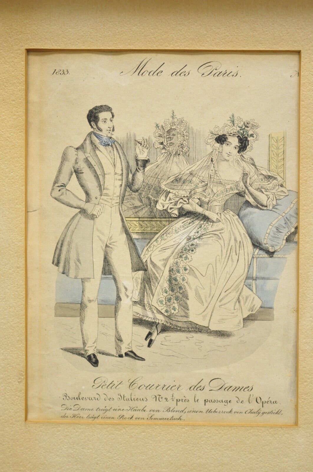 French 1830s Victorian Lithograph Print Couple Fashion Gown in Frames - a Pair