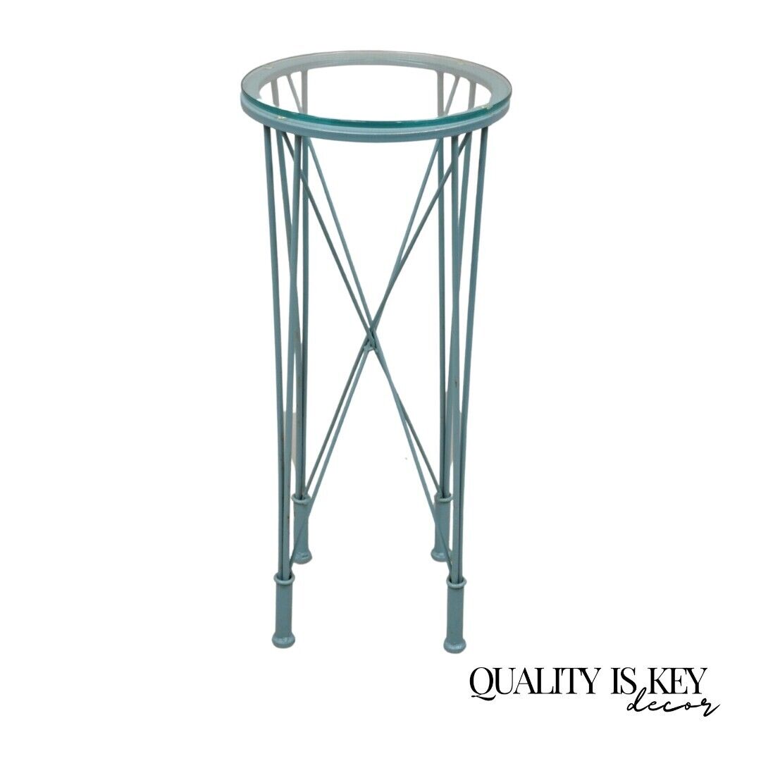 Modern Directoire Style Blue Skyscraper Glass Top Pedestal Stand Side Table