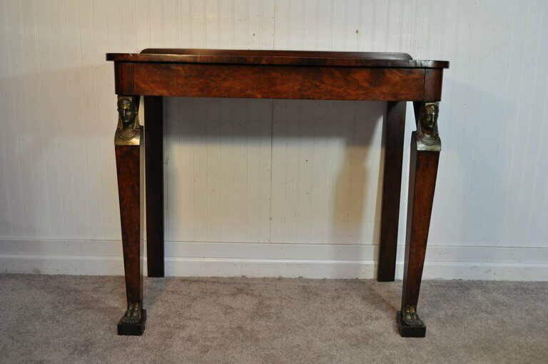 19th C. French Empire Crotch Mahogany Bronze Ormolu 1 Drawer Console Hall Table