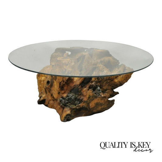 Burl Wood Organic Free Form Live Edge Driftwood Coffee Table Round Glass Top