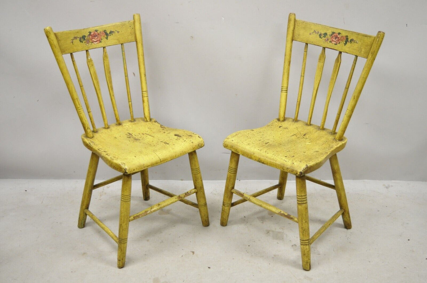 Frederick Loeser & Co Yellow Primitive Hitchcock Style Side Chairs - Pair (A)