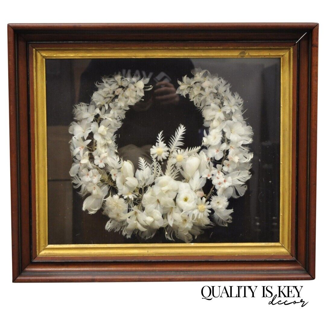 Antique Victorian White Feather Flower Mourning Wreath Mahogany Shadow Box Frame