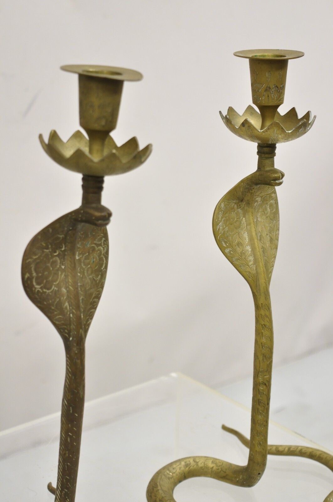 Vintage Brass Figural Hollywood Regency Coiled Cobra Snake Candlesticks - a Pair