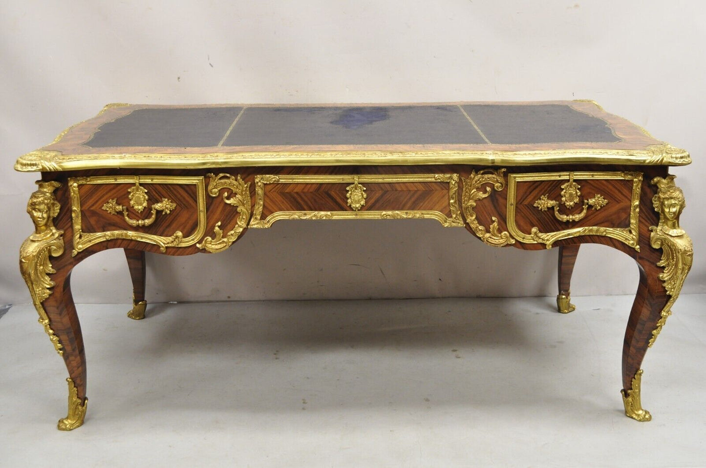 French Louis XV Style Figural Bronze Ormolu Leather Top Bureau Plat Writing Desk