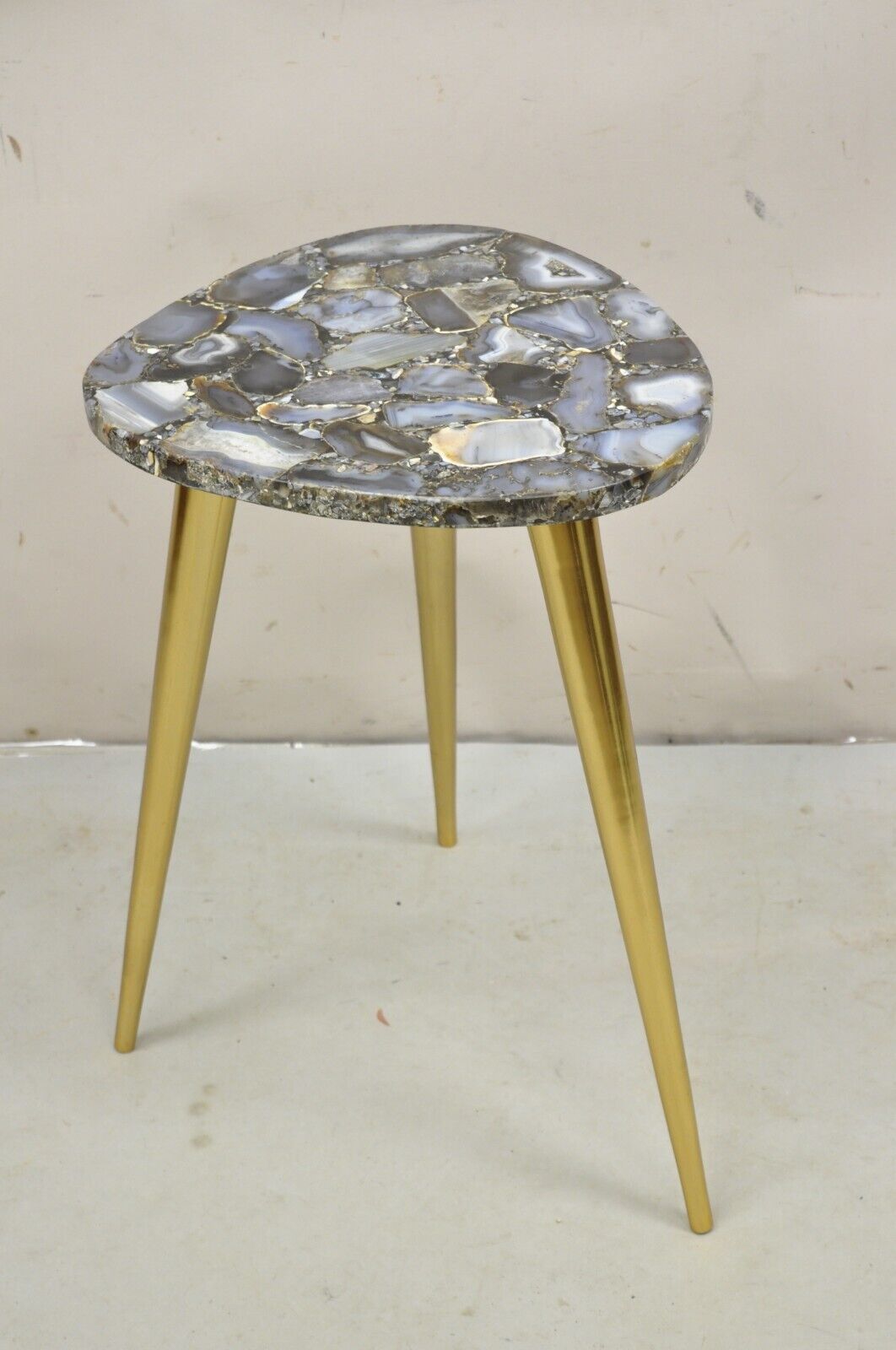 Modern Blue Agate Specimen Stone Side Table w/ Brass Tapered Legs Made in India