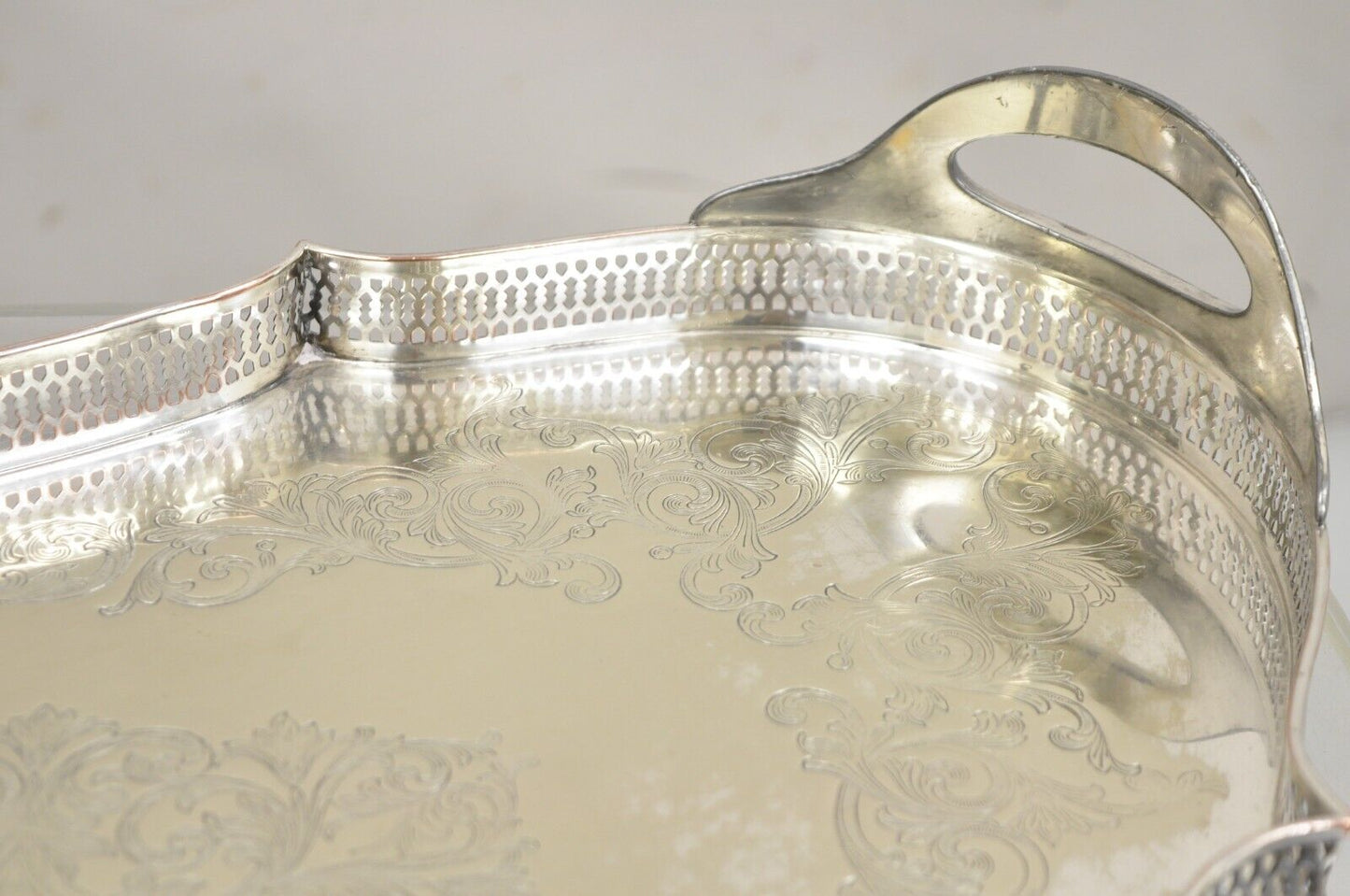 Vintage English LBS Co 982 Silver Plated Scalloped Oval Pierced Gallery Tray