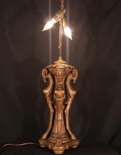 Vtg Triple Ram Goat Head Copper Clad Gold Neoclassical French Style Table Lamp