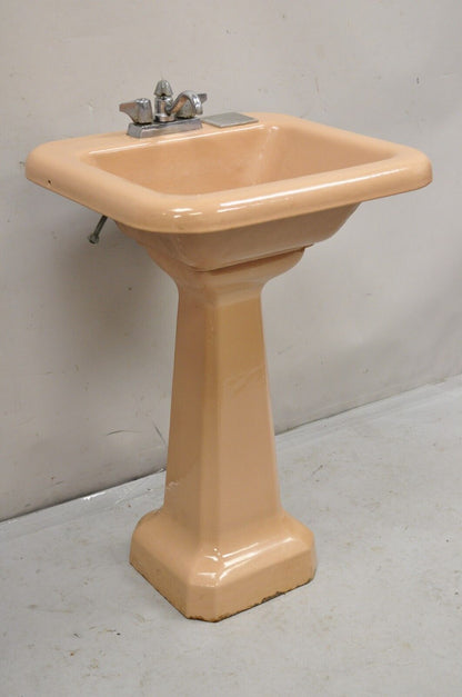 Vintage Mid Century Porcelain Enamel Salmon  Pink Bathroom Pedestal Sink